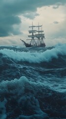 Wall Mural - Sea waves carrying a sailing ship forward image
