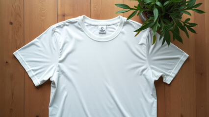 Canvas Print - White T-Shirt Mockup on Wooden Surface