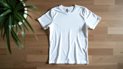 Wall Mural - White T-Shirt Mockup on Wooden Surface