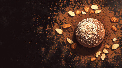 Poster - A coated truffle surrounded by cocoa powder and chopped almonds, emphasizing flavors, sweet illustration