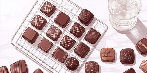 Wall Mural - Plant-based chocolates on cooling rack next to glass of sparkling water, sweet illustration art