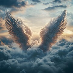 Wall Mural - Heavenly angel wings in a cloudy sky scene picture
