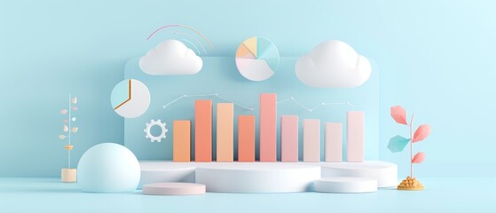 Wall Mural - A vibrant, modern digital illustration featuring graphs, charts, and abstract shapes against a light blue background, symbolizing data analysis and growth.