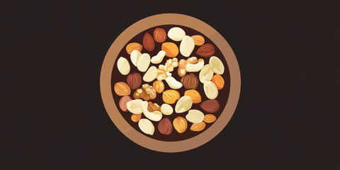 Wall Mural - Nut clusters stacked in the middle of a flat round dish, sweet illustration