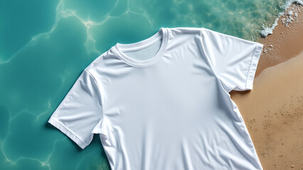 Canvas Print - White T-Shirt Mockup on Beach-Themed Background