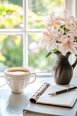 Wall Mural - A cup of coffee, a notebook, a pen, and a vase of pink flowers on a windowsill with a blurred outdoor background.