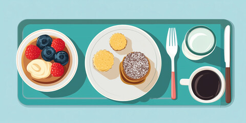 Wall Mural - Serving tray with egg-free cakes beside a small dish of fruit and a glass of water, sweet illustration