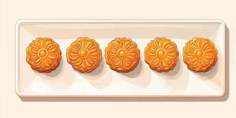 Wall Mural - Several mooncakes arranged in a straight line on a square ceramic plate, sweet illustration art