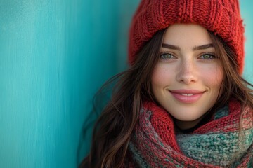 A joyful brunette woman in vibrant red winter hat and scarf posing against a solid teal background, capturing warmth and cheerfulness with a radiant smile