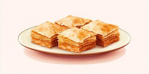 Neatly stacked baklava in two rows on a round dish, sweet illustration art