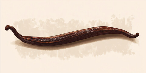 Single vanilla bean pod on plain surface, visible seeds and texture, sweet illustration