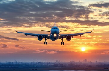 An airplane flying in the sky at sunset, a commercial air travel concept Generative AI