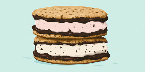 Poster - Ice cream between two large chocolate-dipped cookies, sweet illustration art