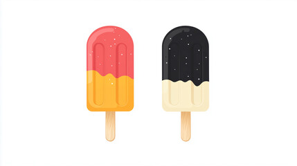 Two fruit-based popsicles side by side on a flat countertop, no toppings visible, sweet illustration art