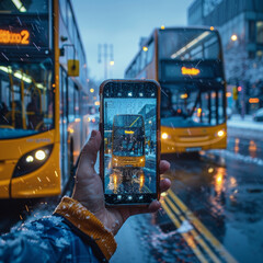 While holding a smartphone, a person photographs a bus driving through a snowy urban street. The reflective wet pavement and snowfall create a vibrant city atmosphere during winter.