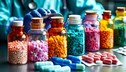 Wall Mural - Colorful Pill Organization by Healthcare Professional Highlighting Pharmaceutical Research and Medical Treatment