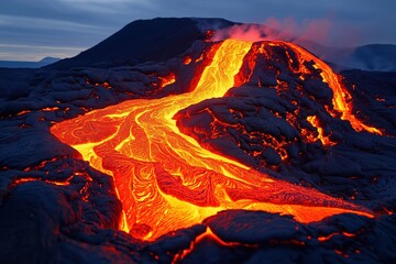 Lava flows down a volcanic landscape at twilight, showcasing the natural beauty of molten rock in a serene atmosphere