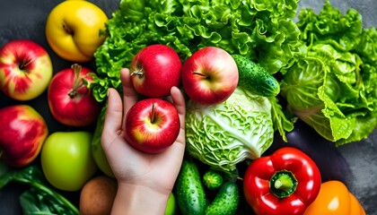 Poster - Colorful display of fresh fruits and vegetables held in hands, symbolizing a commitment to a healthy lifestyle and nutritious eating choices