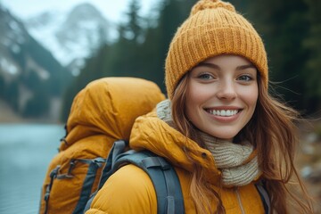 Canvas Print - Smiling Young Woman Enjoys Hiking Through a Forest and Mountain Lake, Embracing Nature's Beauty