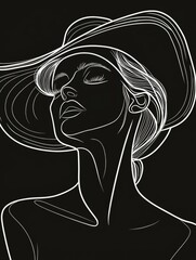 This image showcases a minimalistic line art drawing of a woman's profile, adorned with a stylish hat, set against a solid black background capturing elegance and simplicity.