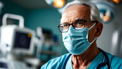 Wall Mural - Professional senior male doctor in medical environment, exhibiting care and expertise with protective face mask and glasses