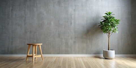 Wall Mural - Minimalist Interior Design with Wooden Stool and Plant, Concrete Wall, Wooden Floor, Modern, Home Decor, Interior Design