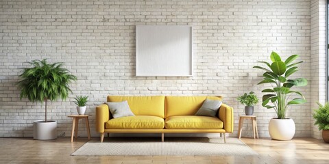 Wall Mural - Minimalist Living Room with Yellow Sofa and White Frame, Brick Wall, Potted Plants, Rug, Interior Design, Home Decor, Living Room Inspiration