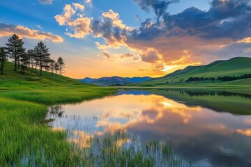 Wall Mural - A tranquil landscape featuring a serene lake with reflections of trees and mountains, set against a vibrant, colorful sunset sky with scattered clouds.