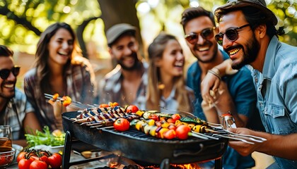 Sunny backyard barbecue gathering with friends savoring grilled vegetables and kebabs, enjoying fun and laughter outdoors.