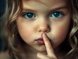 © Katarina - A young child with mesmerizing blue eyes holds a finger to their lips, conveying a gesture of silence and curiosity, set against a blurred background.