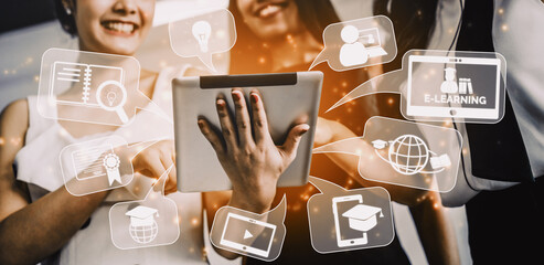 E-learning and Online Education for Student and University Concept. Graphic interface showing technology of digital training course for people to do remote learning from anywhere. uds