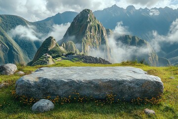 Wall Mural - Showcasing Products on a Stone Podium Amidst the Majestic Landscape of Machu Picchu