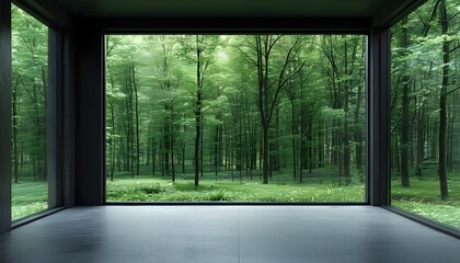 Wall Mural - Tranquil dark room with expansive window revealing a lush green forest, blending indoor serenity with the beauty of nature outside