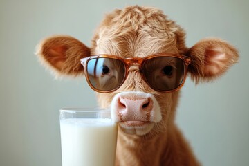 Wall Mural - Playful Studio Photo of a Cow in Sunglasses Drinking Milk Against a Clean White Background