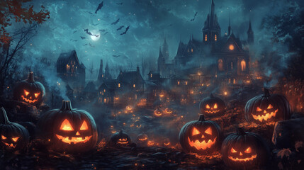 Happy Halloween banner. Halloween pumpkins and bats. Vector illustration. 16:9