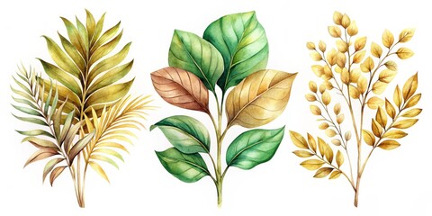 Watercolor Illustration of Green and Gold Leaves, watercolor , leaves, botanical ,green, gold, botanical art