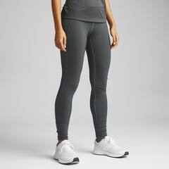 A woman is posing in athletic leggings and lightweight sneakers, showcasing her readiness for exercise. The outfit is practical and stylish, fit for a gym or outdoor workout session.