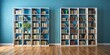 © Stock Spectrum - White Bookshelves with Books on Blue Wall, Interior Design, Home Decor, Bookshelf , books, home library