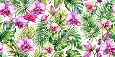  Watercolor Tropical Orchid and Palm Leaves Seamless Pattern, floral, pattern, tropical, seamless, botanical