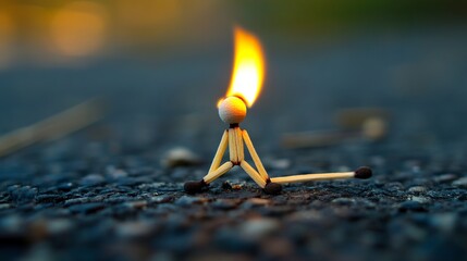 Wall Mural - Artistic depiction of weakness and loneliness, featuring a burning matchstick figure sitting alone, created using matchstick art photography