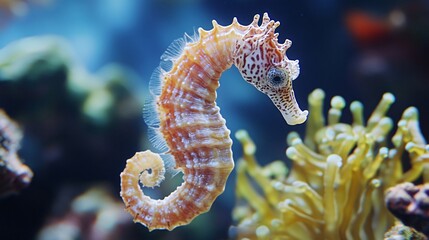 A close-up of a small, light brown seahorse with a curved tail, swimming in a clear blue aquarium.  It has a spotted pattern and large eyes.