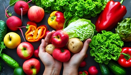 Colorful display of fresh fruits and vegetables held in hands, symbolizing a commitment to a healthy lifestyle and nutritious eating choices