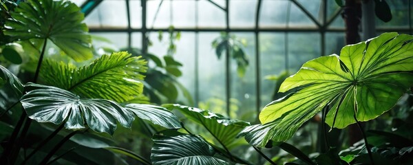 Lush green tropical plants with large leaves thriving under glass greenhouse sunlight in a serene environment