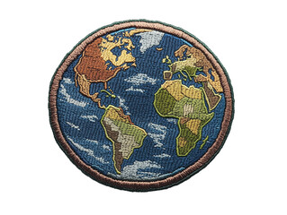 a colorful embroidered patch displays a detailed map of earth, highlighting continents like north am