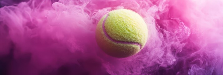 A tennis ball is sitting on top of pink smoke