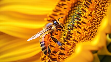 Wall Mural - A close-up of a honeybee collecting pollen from a sunflower.