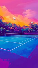 A tennis court with a blue background and a yellow sky