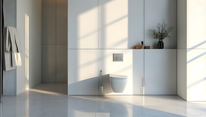 Elegant minimalistic bathroom design featuring a sleek wall-mounted toilet bathed in natural sunlight with ample copy space for contemporary decor elements.