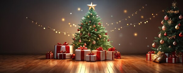 Festively decorated Christmas trees with colorful ornaments and gifts under the twinkling lights during the holiday season