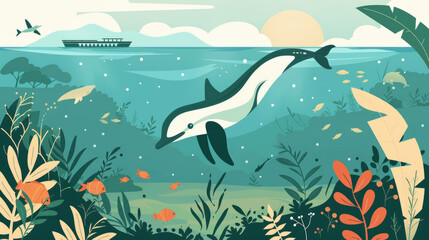 Wall Mural - A dolphin swims through vibrant waters teeming with colorful fish and marine plants, with a boat in the background at sunset